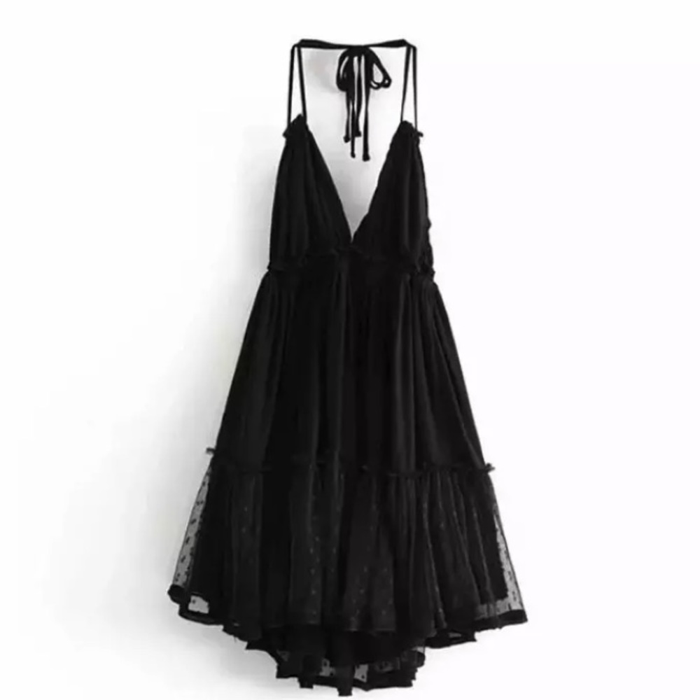 Black Boho Mesh Polka Dot Halter Mini Dress - Picture 4 of 6